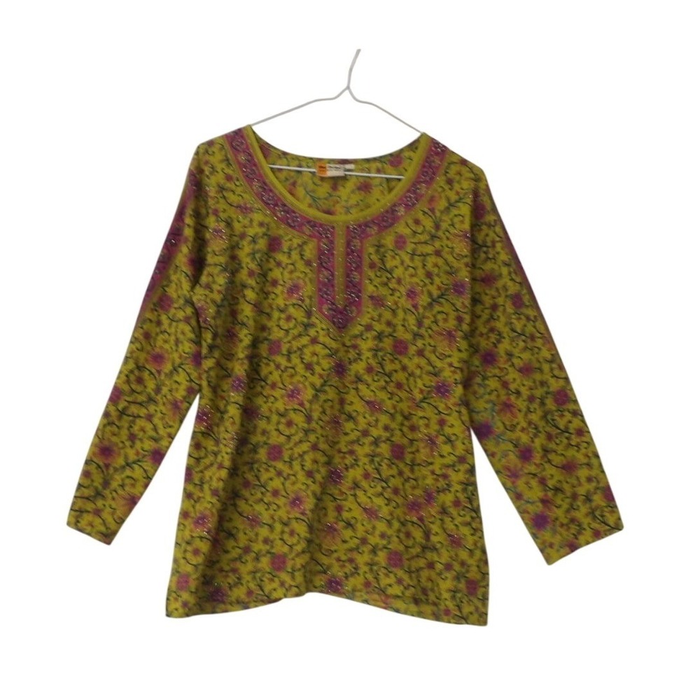 Libas Designs Yellow Floral Embroidered Sequin Tunic Top Long Sleeve Pink Purple